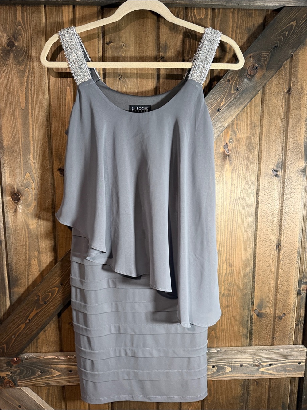 Enfocus Studio Gray Beaded Strap Layered Midi Dress